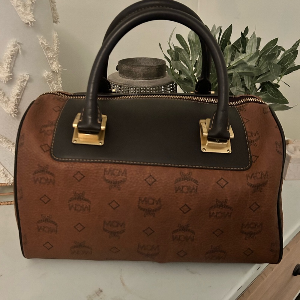 MCM Cognac and Black Logo Satchel